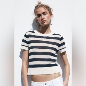 NWT - ZARA - Striped Knit Top. Black / white. Semi Sheer knit. Large